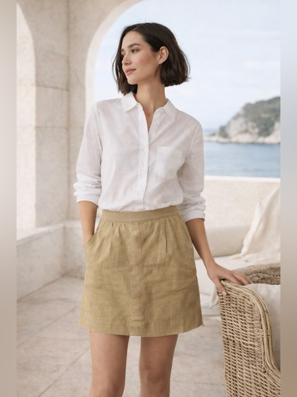 See By Chloé Tan Khaki A-Line Mini Skirt Linen Blend Elastic Waist Fits 10